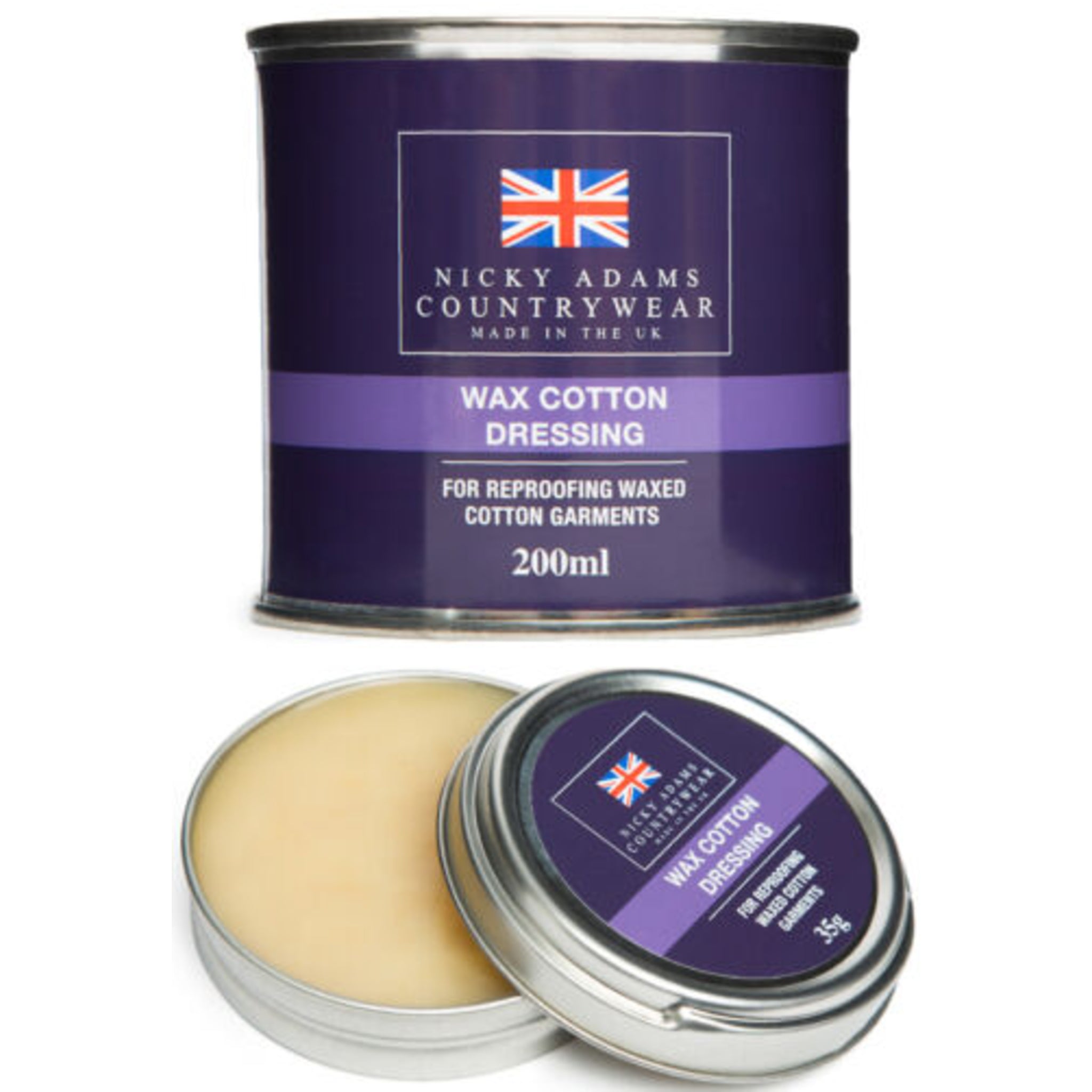 Nicky Adams Countrywear Wax Cotton Dressing ā 200ml or 35g tin of reproofing wax for waterproofing and restoring waxed jackets and hats
